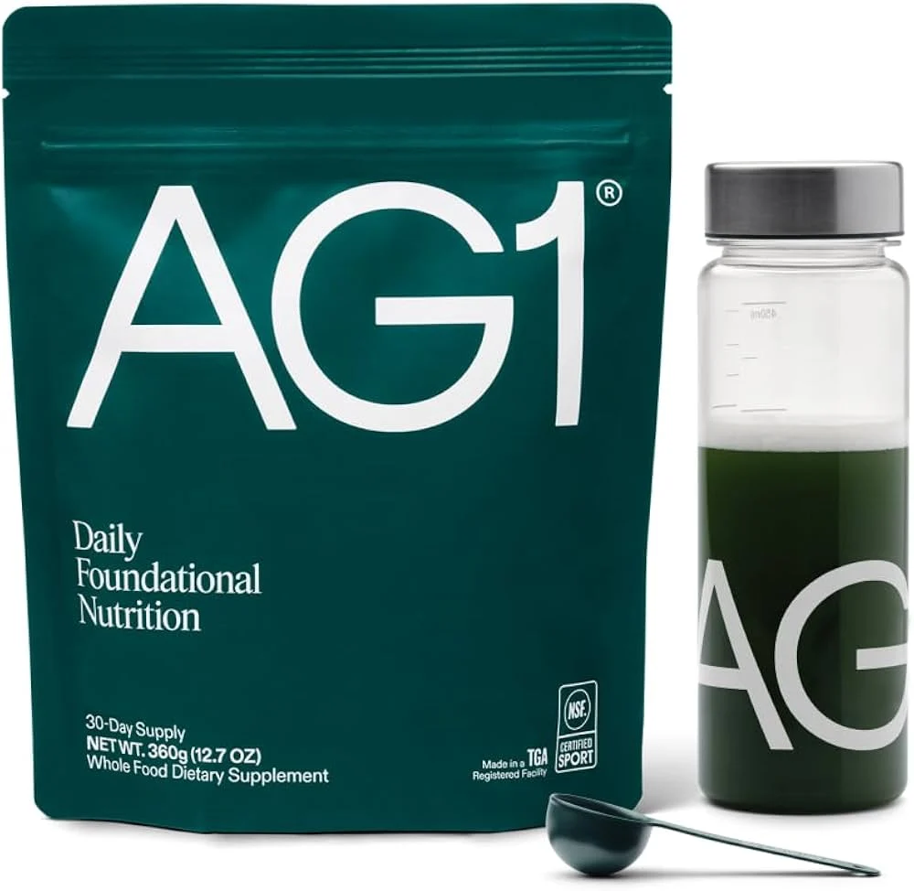 AG1 (Athletic Greens) pouch, mixing bottle and scoop