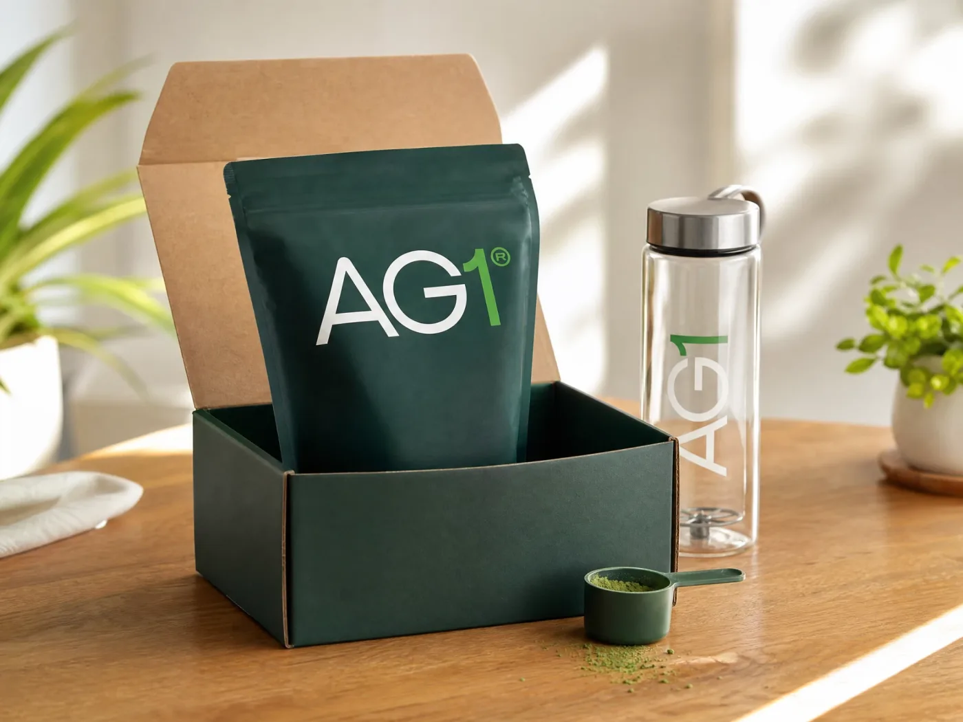 AG1 pouch in its shipping box beside a mixing bottle and a scoop of green powder