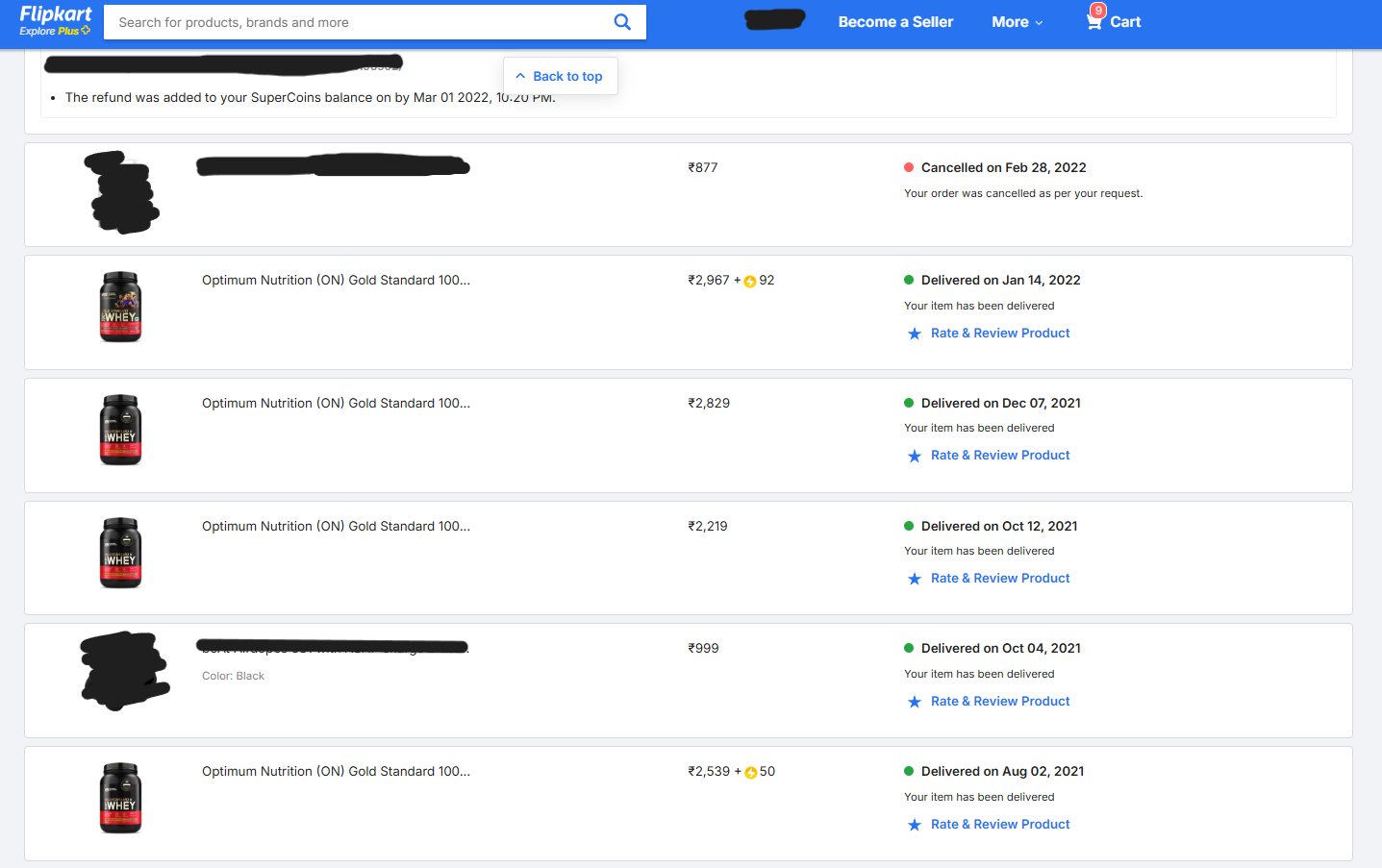 Flipkart order history showing multiple ON Gold Standard 100% Whey deliveries — Aug 2021, Oct 2021, Dec 2021, Jan 2022, Mar 2022